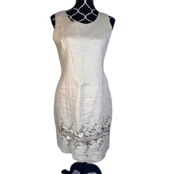 Cali Cali Beige 100% Linen Sleeveless Embroidered Hem Sheath Dress Size 6 - Picture 1 of 8